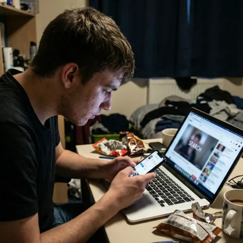 Young man addicted to screens alone